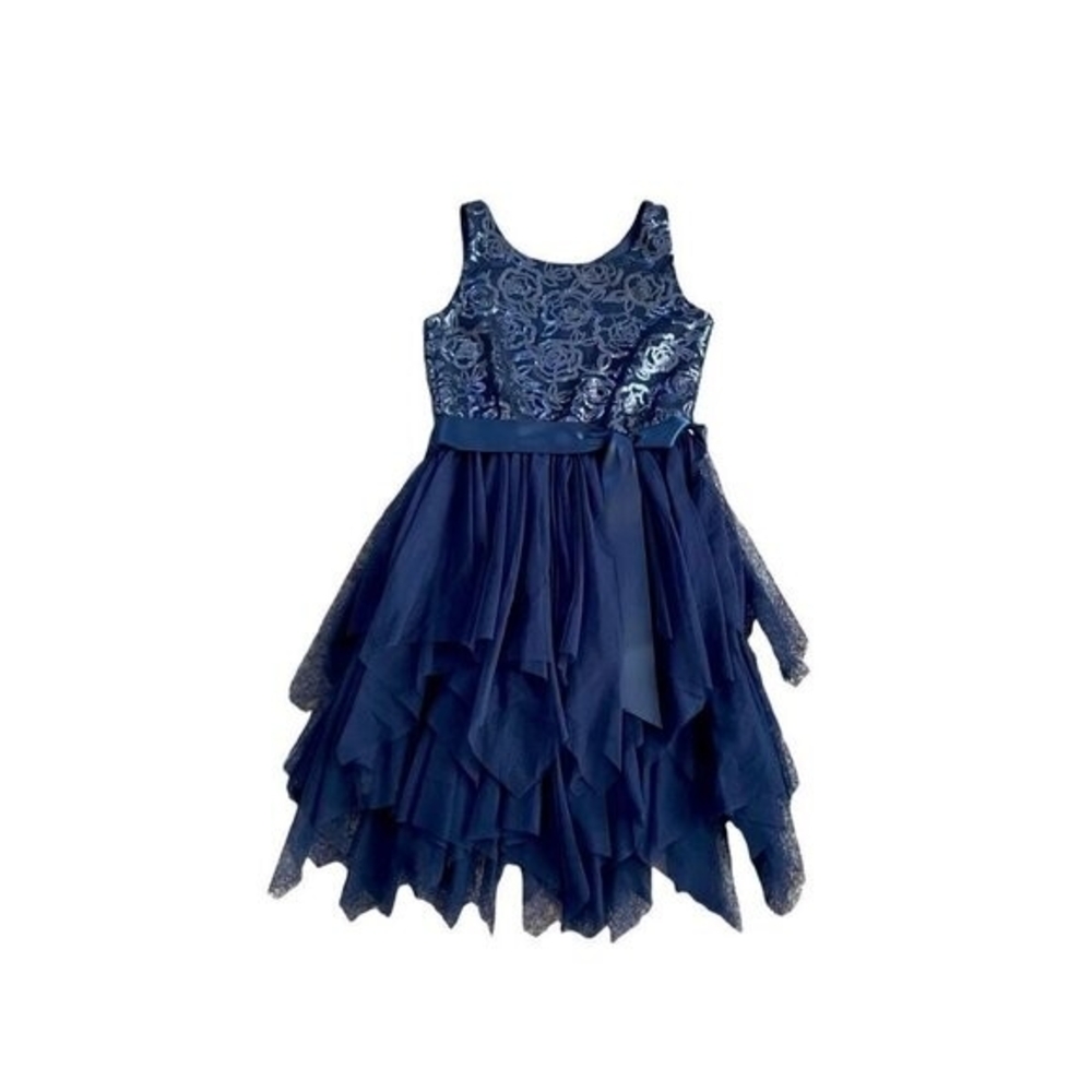 Zunie Navy Blue Sequin Top Ruffle Tulle Skirt Dress Bow Front Girls Size 8 NWT - Picture 3 of 6